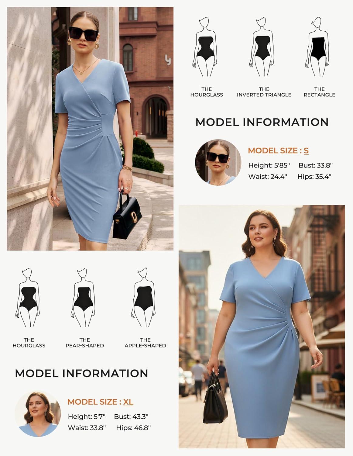 imageGRACE KARIN Work Dresses for Women 2026 Short Sleeve Elegant Church Dresses Ruched VNeck Sheath Bodycon DressLight Blue