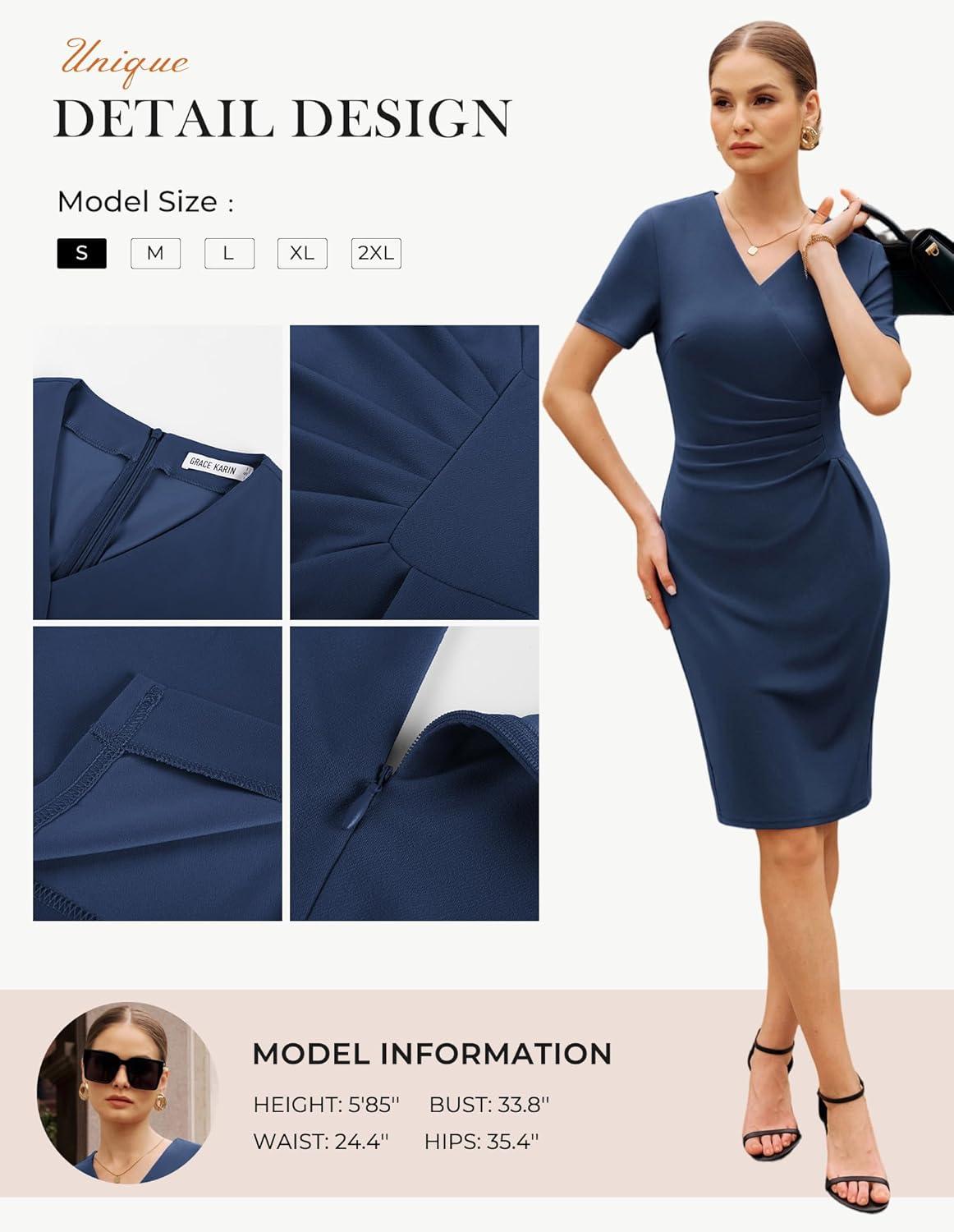 imageGRACE KARIN Work Dresses for Women 2026 Short Sleeve Elegant Church Dresses Ruched VNeck Sheath Bodycon DressNavy Blue