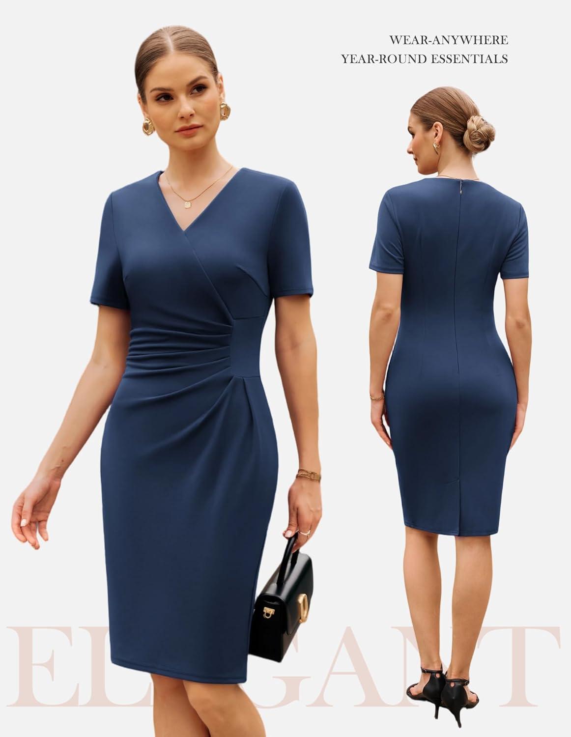 imageGRACE KARIN Work Dresses for Women 2026 Short Sleeve Elegant Church Dresses Ruched VNeck Sheath Bodycon DressNavy Blue