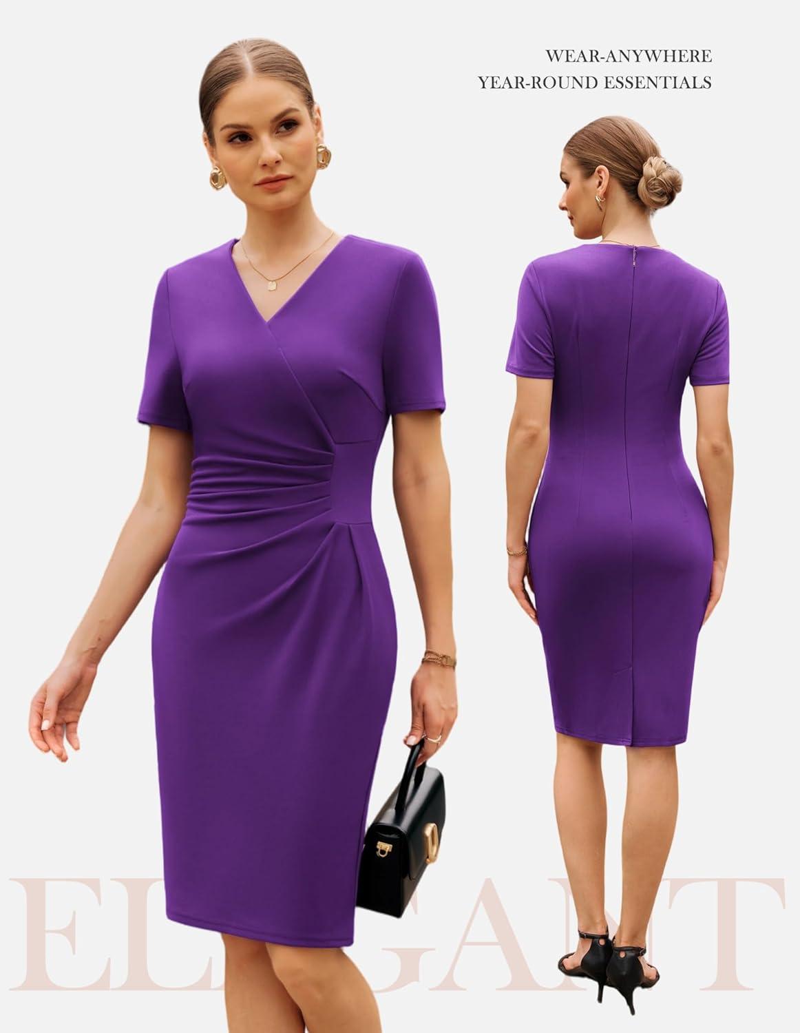 imageGRACE KARIN Work Dresses for Women 2026 Short Sleeve Elegant Church Dresses Ruched VNeck Sheath Bodycon DressPurple