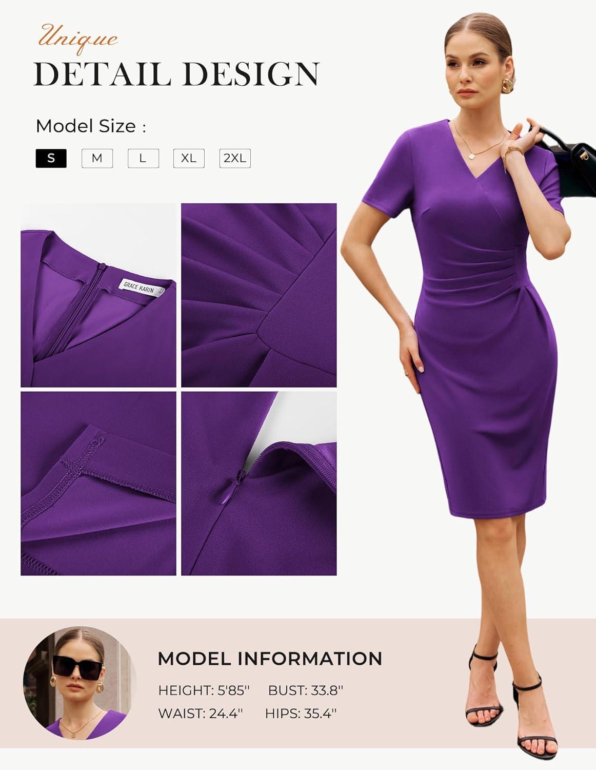 imageGRACE KARIN Work Dresses for Women 2026 Short Sleeve Elegant Church Dresses Ruched VNeck Sheath Bodycon DressPurple