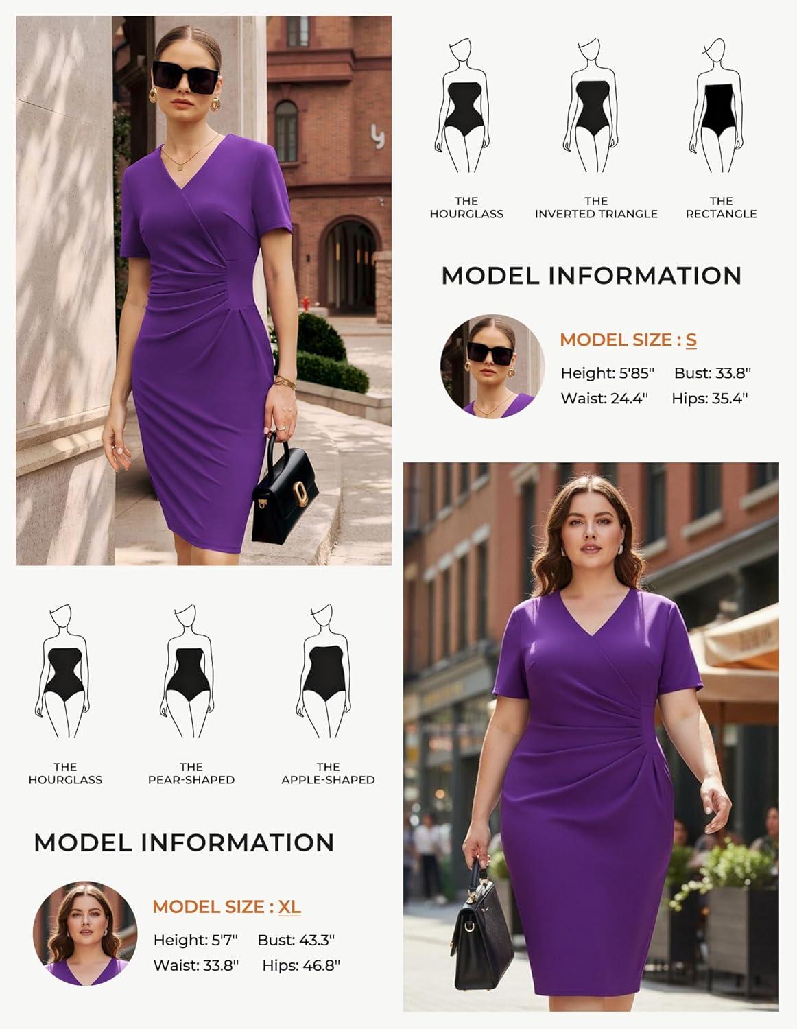 imageGRACE KARIN Work Dresses for Women 2026 Short Sleeve Elegant Church Dresses Ruched VNeck Sheath Bodycon DressPurple