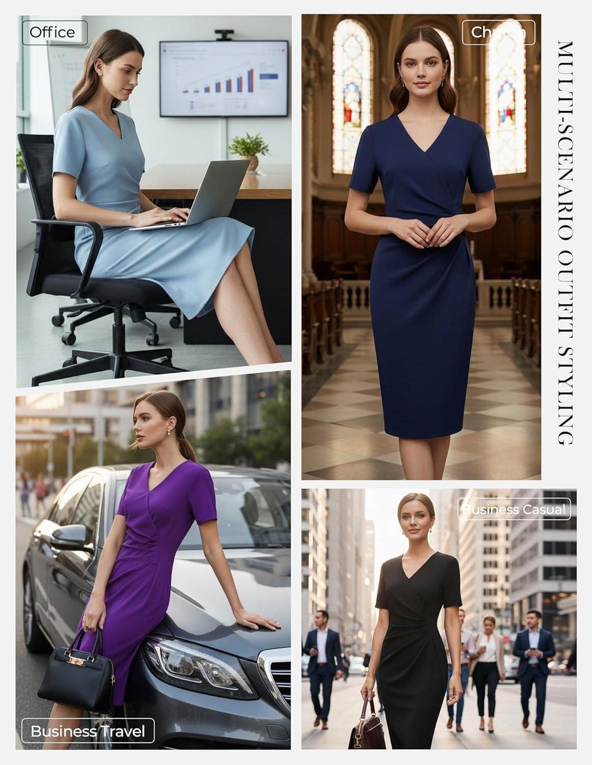 imageGRACE KARIN Work Dresses for Women 2026 Short Sleeve Elegant Church Dresses Ruched VNeck Sheath Bodycon DressPurple