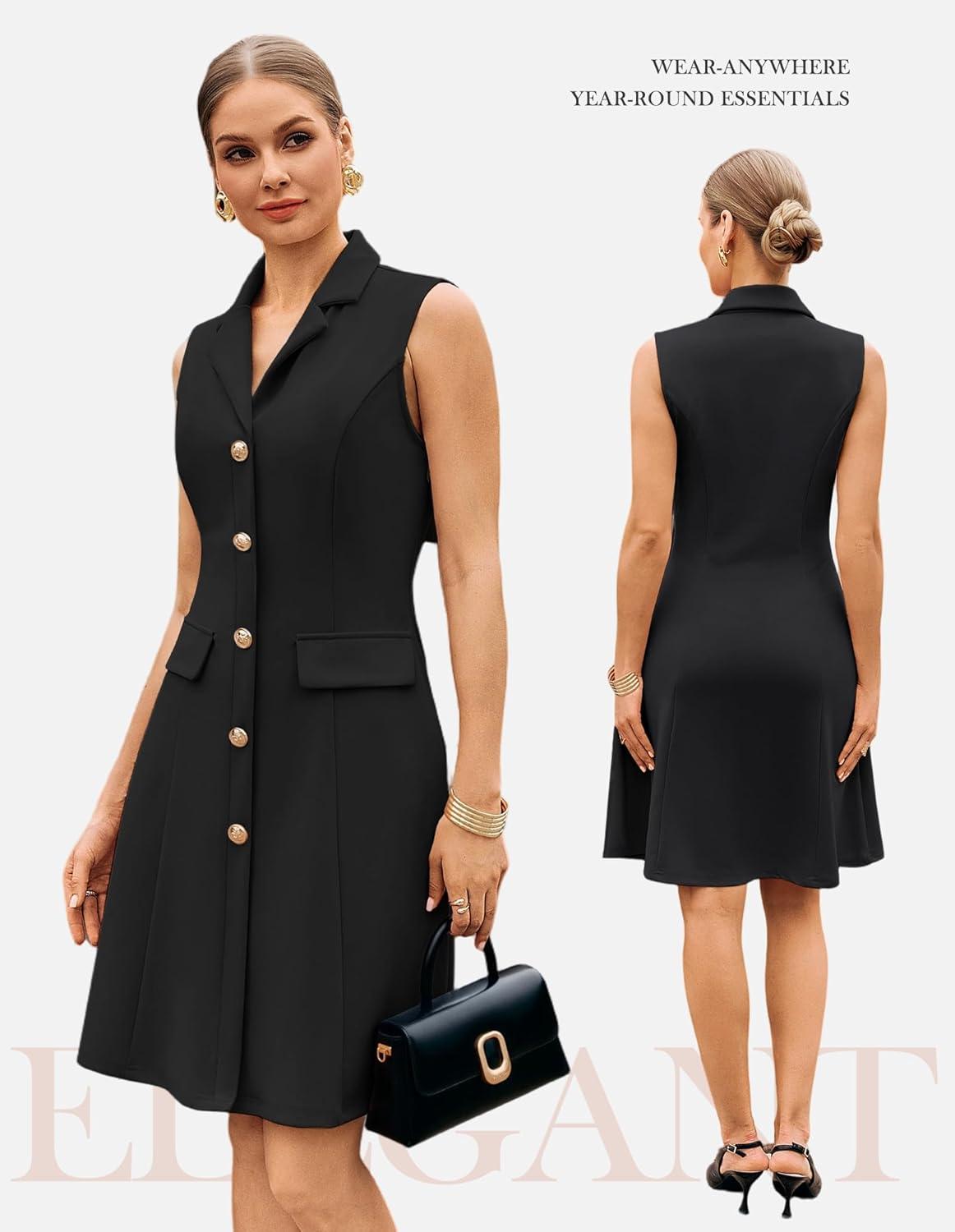 imageGRACE KARIN Work Dresses for Women 2026 Sleeveless Button Business Midi Dress Notch Lapel V Neck Formal Office A Line DressesBlack