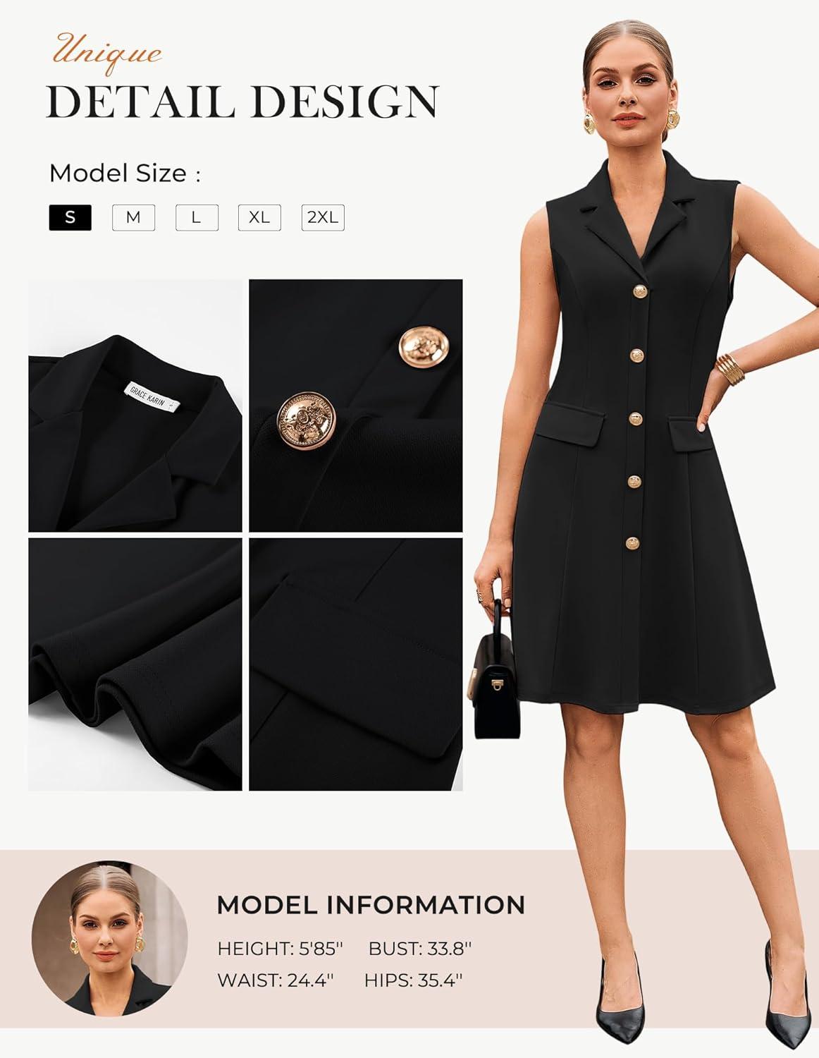 imageGRACE KARIN Work Dresses for Women 2026 Sleeveless Button Business Midi Dress Notch Lapel V Neck Formal Office A Line DressesBlack
