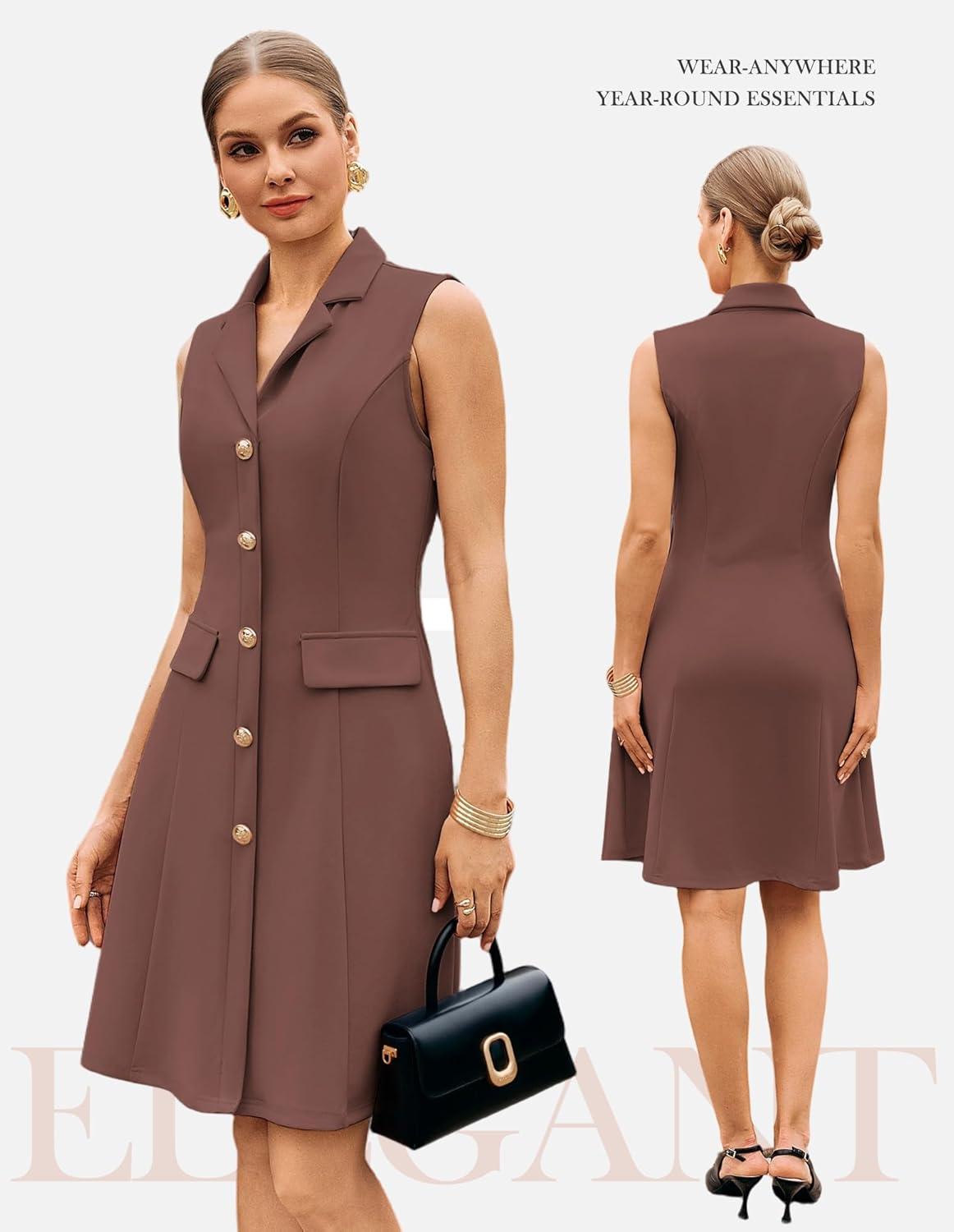 imageGRACE KARIN Work Dresses for Women 2026 Sleeveless Button Business Midi Dress Notch Lapel V Neck Formal Office A Line DressesBrown