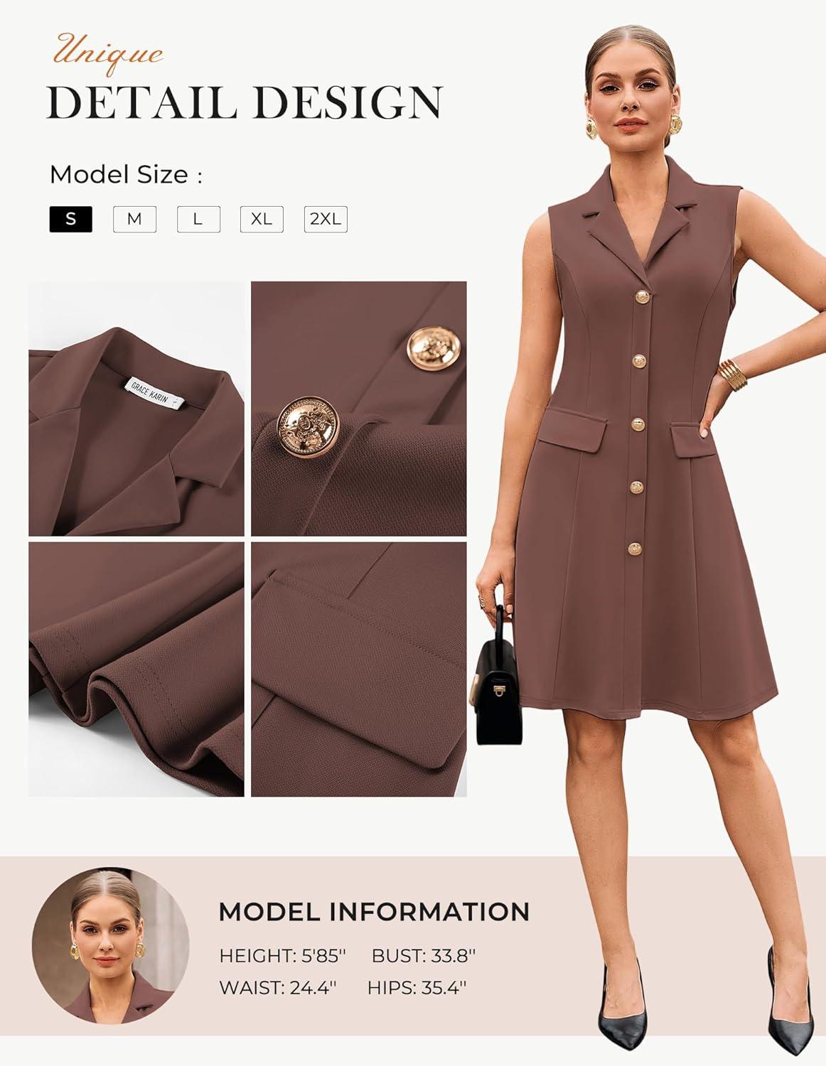 imageGRACE KARIN Work Dresses for Women 2026 Sleeveless Button Business Midi Dress Notch Lapel V Neck Formal Office A Line DressesBrown