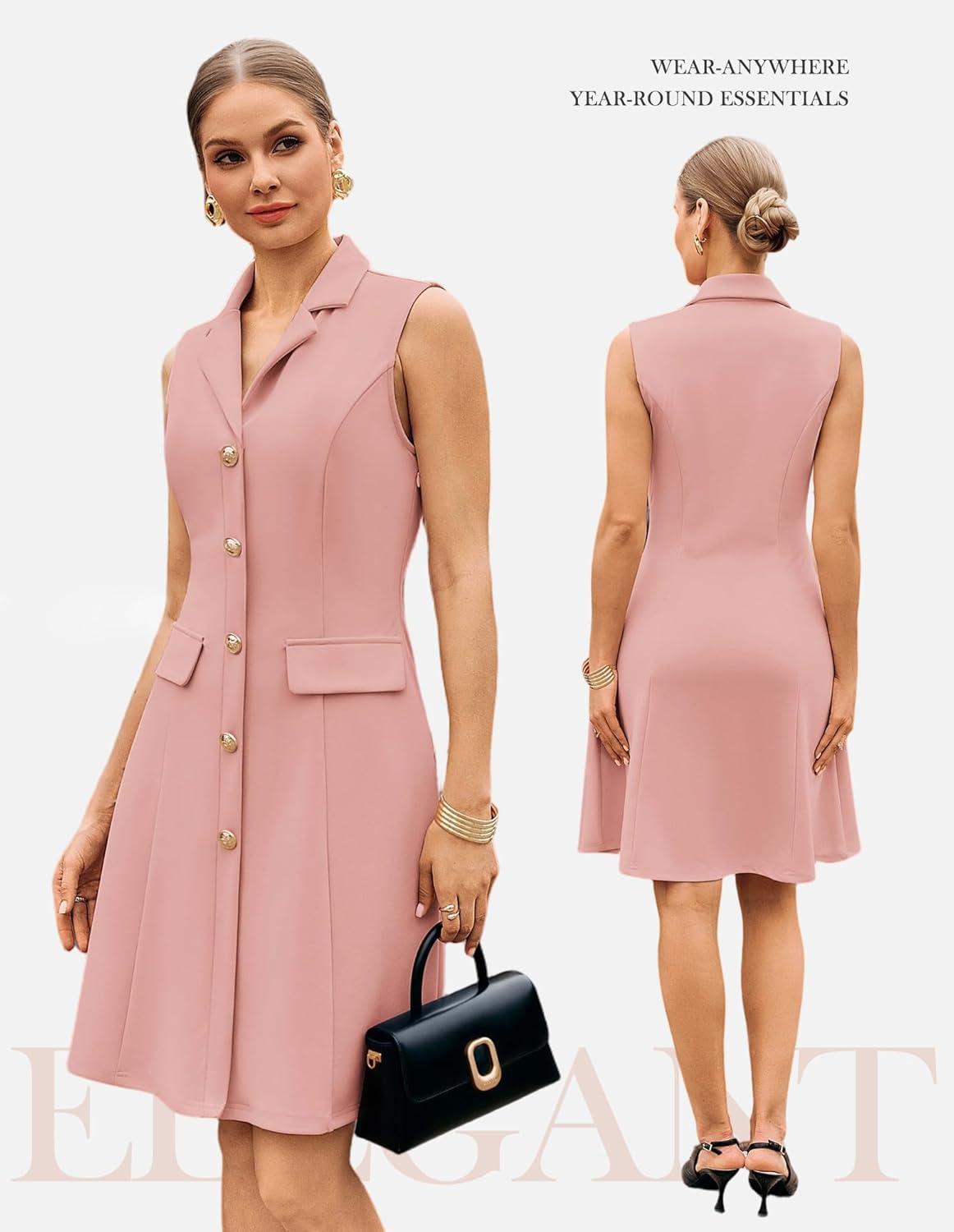 imageGRACE KARIN Work Dresses for Women 2026 Sleeveless Button Business Midi Dress Notch Lapel V Neck Formal Office A Line DressesLight Pink