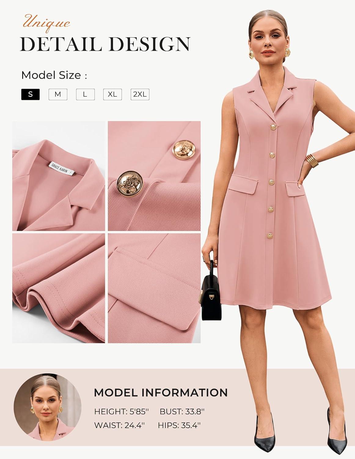imageGRACE KARIN Work Dresses for Women 2026 Sleeveless Button Business Midi Dress Notch Lapel V Neck Formal Office A Line DressesLight Pink