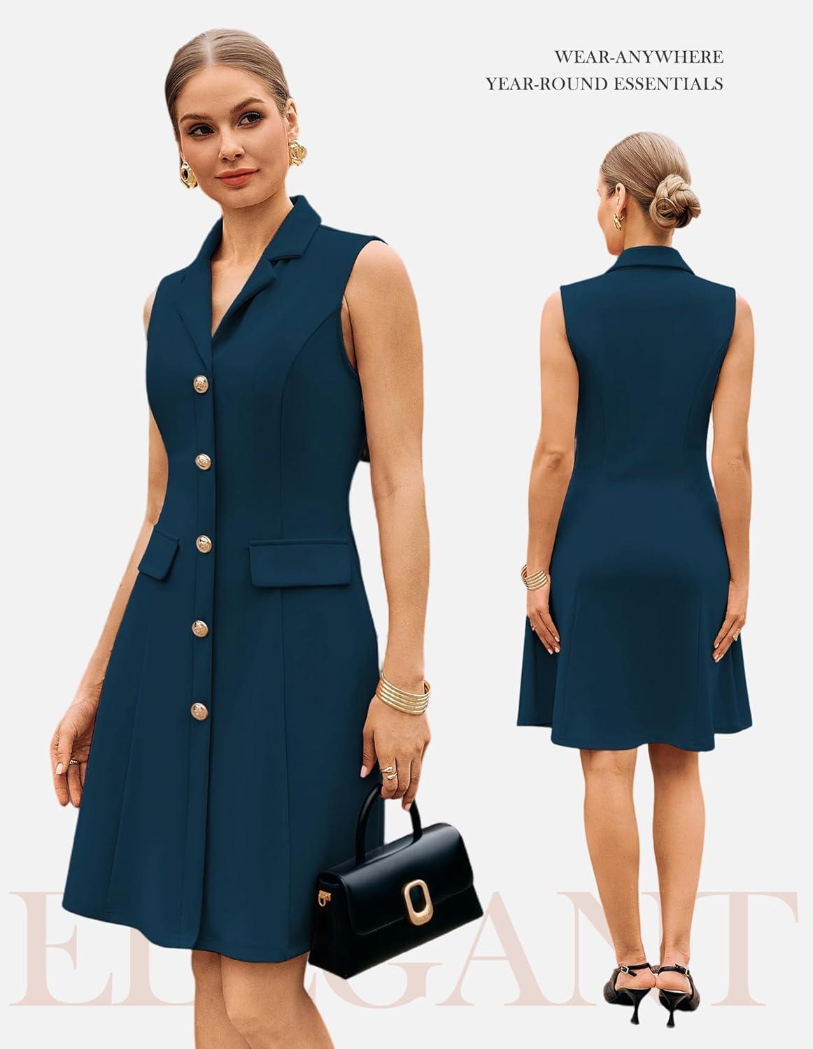 imageGRACE KARIN Work Dresses for Women 2026 Sleeveless Button Business Midi Dress Notch Lapel V Neck Formal Office A Line DressesPeacock Blue