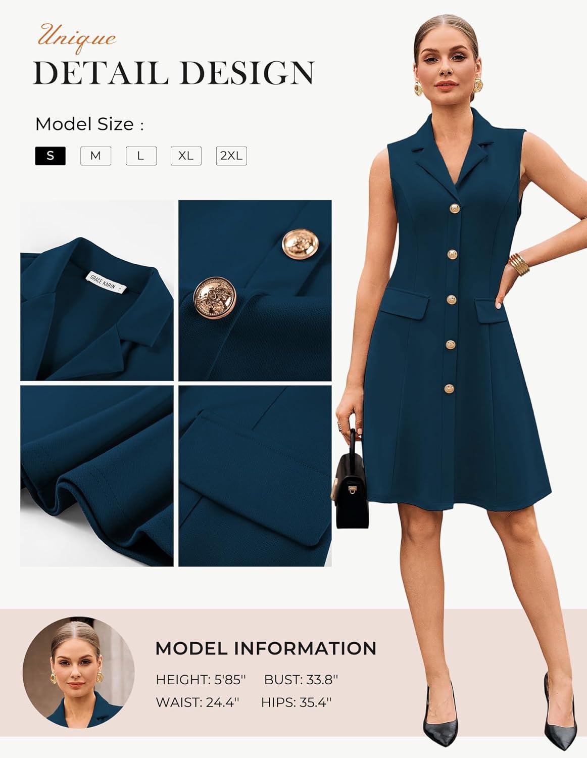 imageGRACE KARIN Work Dresses for Women 2026 Sleeveless Button Business Midi Dress Notch Lapel V Neck Formal Office A Line DressesPeacock Blue
