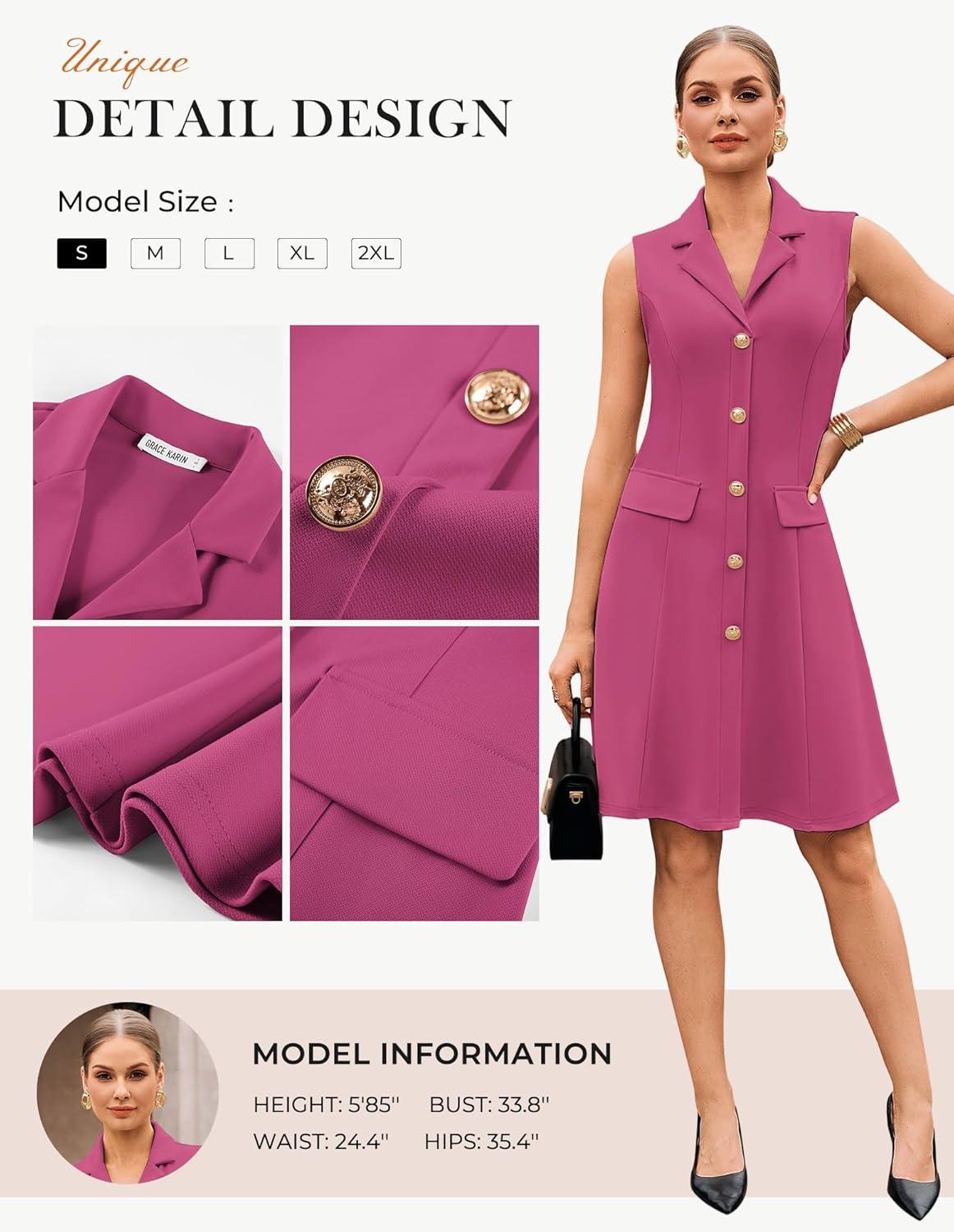 imageGRACE KARIN Work Dresses for Women 2026 Sleeveless Button Business Midi Dress Notch Lapel V Neck Formal Office A Line DressesRose Red