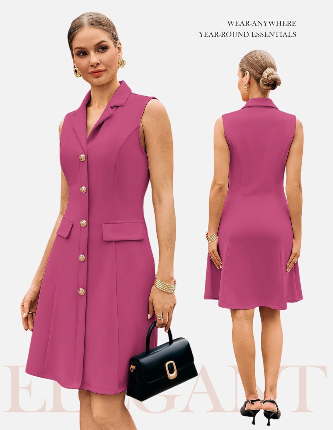 imageGRACE KARIN Work Dresses for Women 2026 Sleeveless Button Business Midi Dress Notch Lapel V Neck Formal Office A Line DressesRose Red