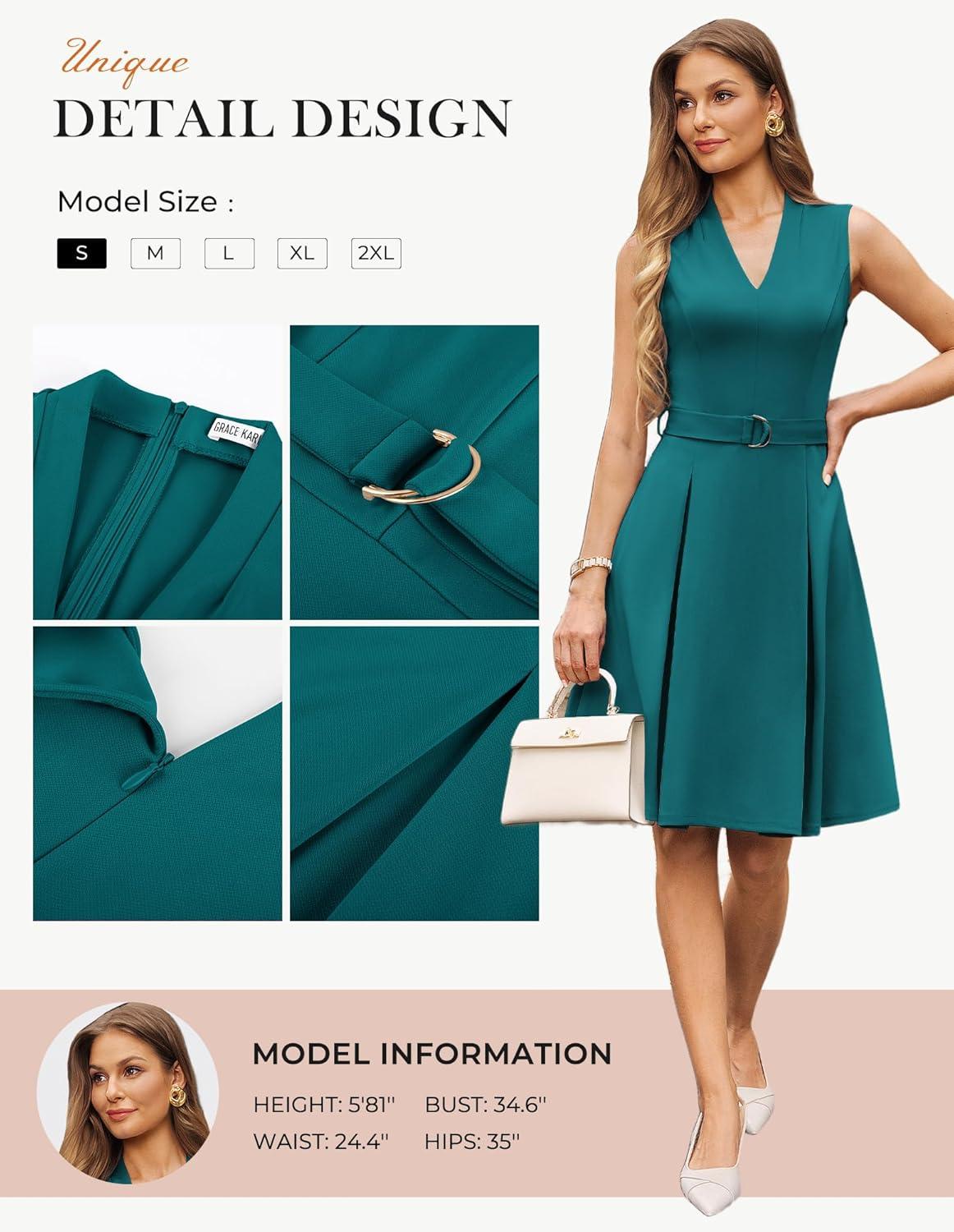 imageGRACE KARIN Work Dresses for Women 2026 V Neck Fit and Flare Midi Dresses Office Business Dress with Belt and PocketsBlue Green
