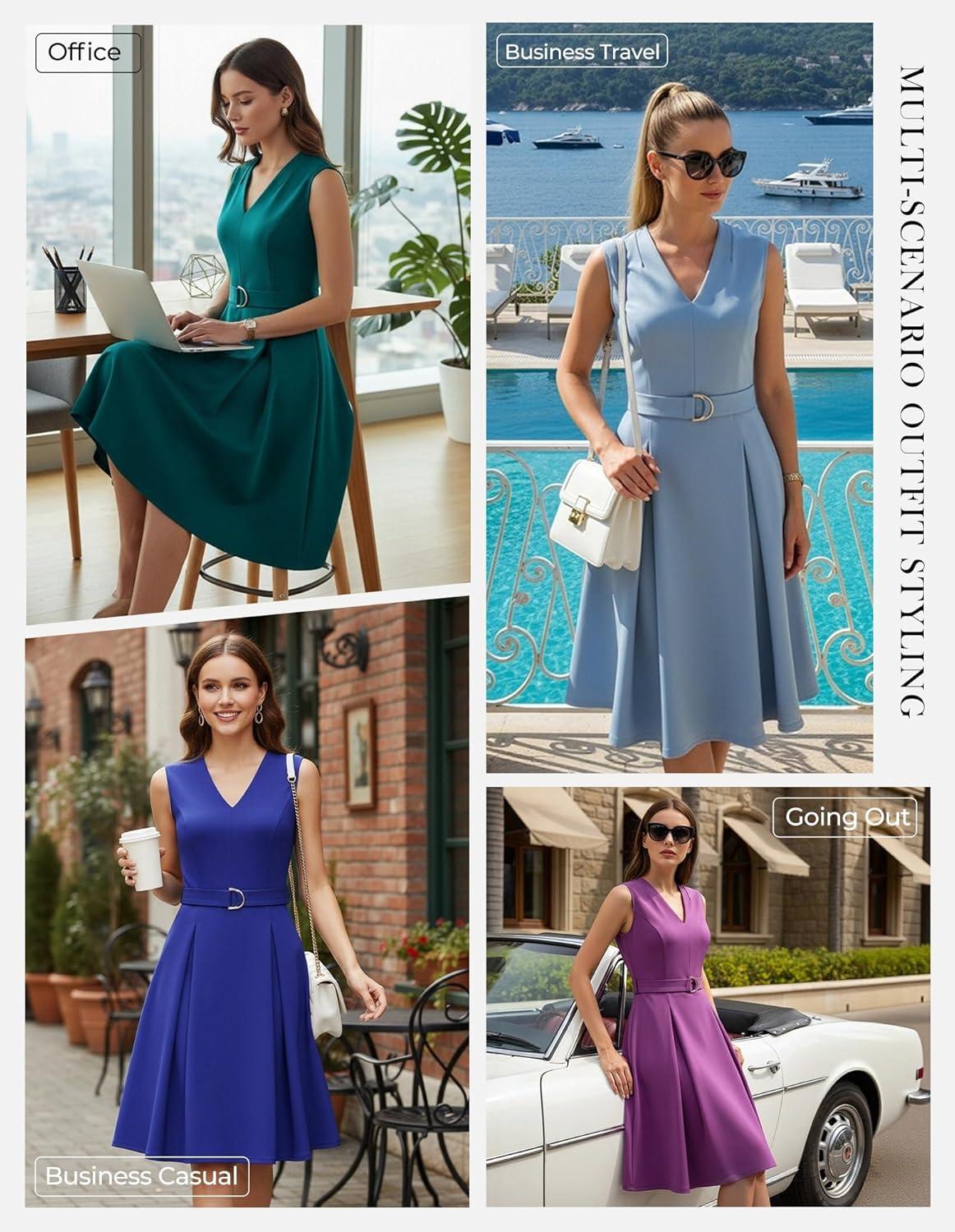 imageGRACE KARIN Work Dresses for Women 2026 V Neck Fit and Flare Midi Dresses Office Business Dress with Belt and PocketsBlue Green