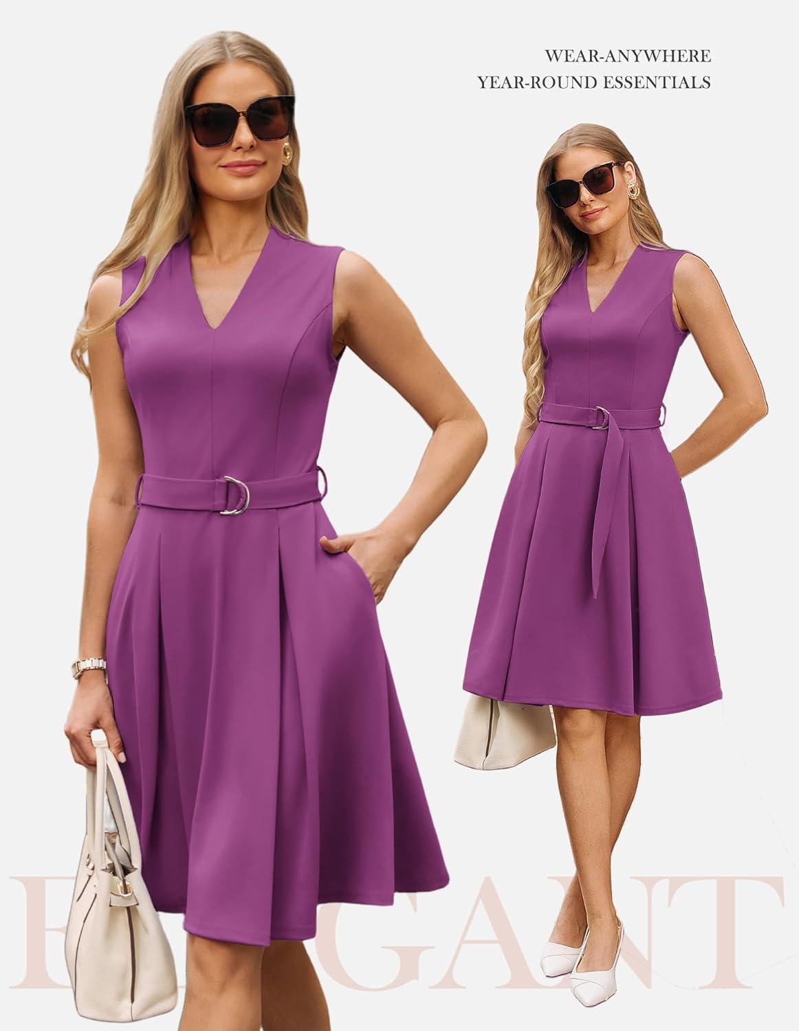 imageGRACE KARIN Work Dresses for Women 2026 V Neck Fit and Flare Midi Dresses Office Business Dress with Belt and PocketsPurple