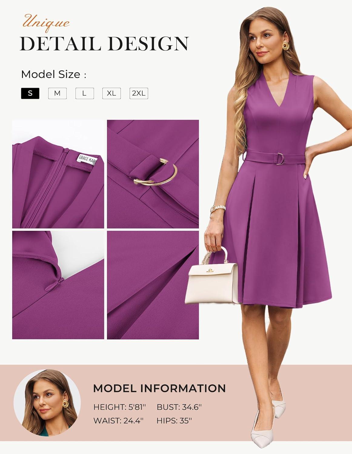 imageGRACE KARIN Work Dresses for Women 2026 V Neck Fit and Flare Midi Dresses Office Business Dress with Belt and PocketsPurple