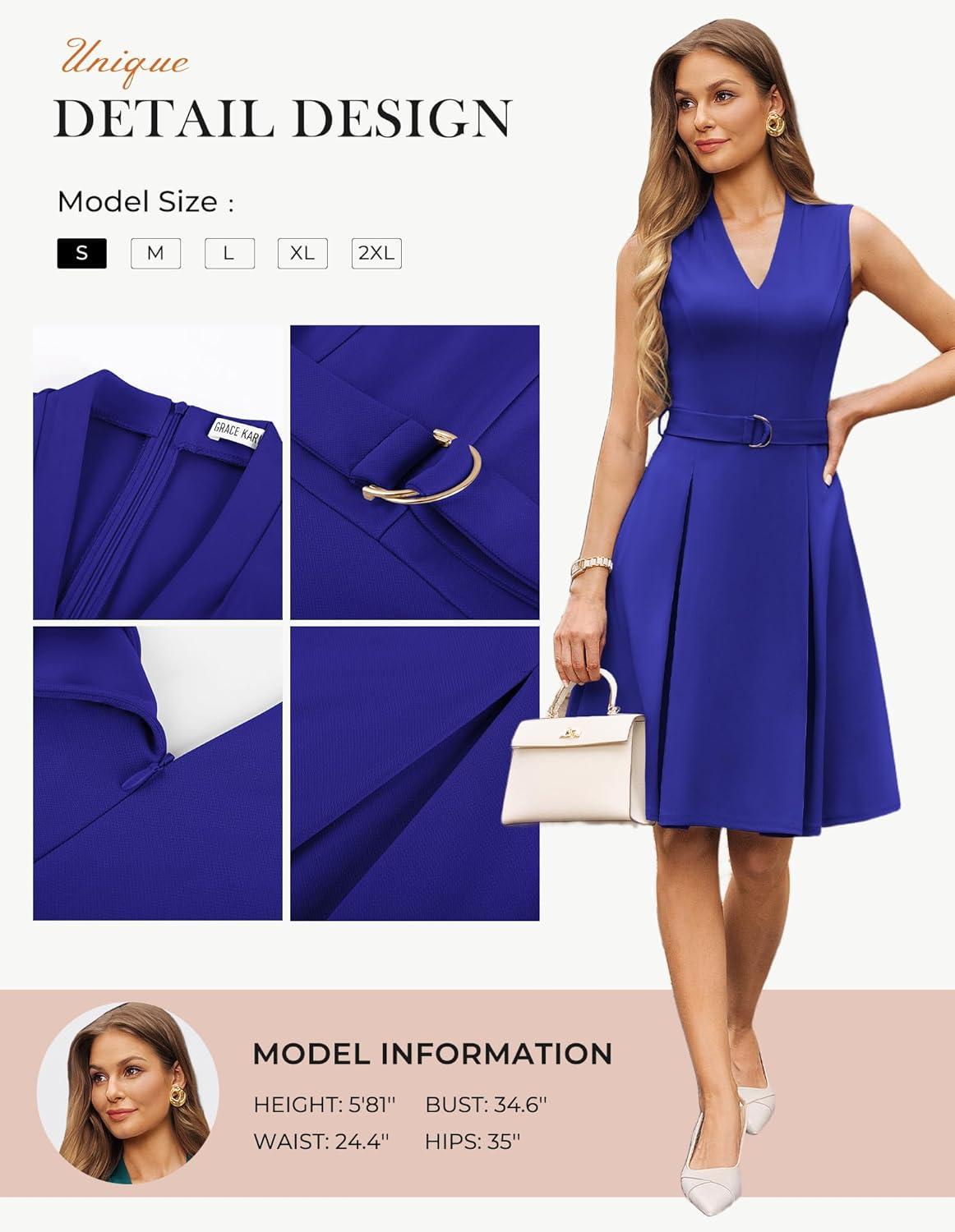 imageGRACE KARIN Work Dresses for Women 2026 V Neck Fit and Flare Midi Dresses Office Business Dress with Belt and PocketsRoyal Blue