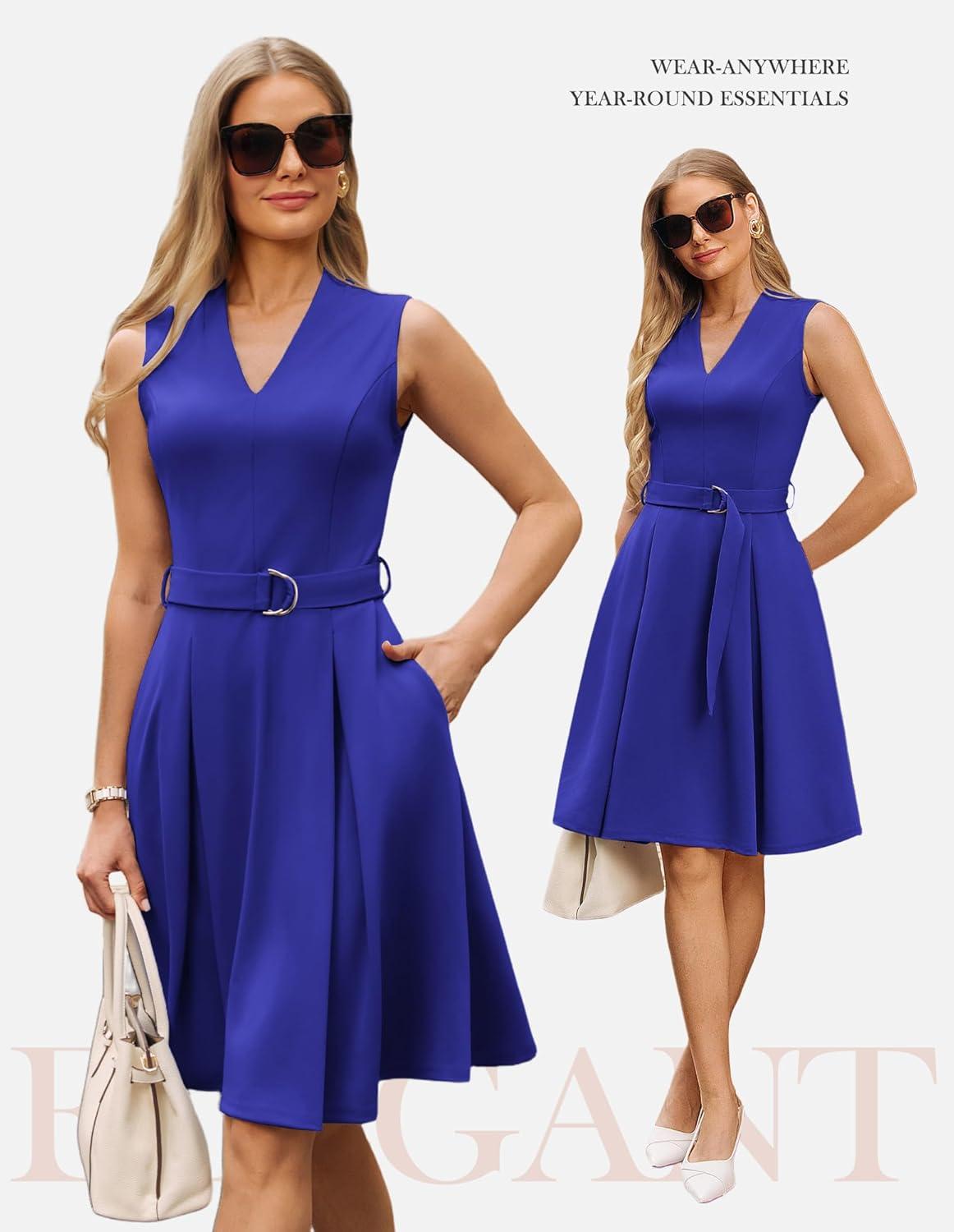 imageGRACE KARIN Work Dresses for Women 2026 V Neck Fit and Flare Midi Dresses Office Business Dress with Belt and PocketsRoyal Blue