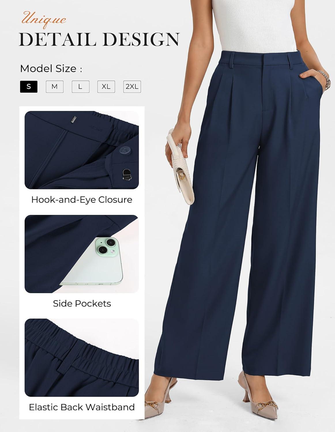 imageGRACE KARIN Work Pants Women Wide Leg High Waist Wrinkle Free Trousers Slacks with Pockets Business Casual OutfitsNavy Blue