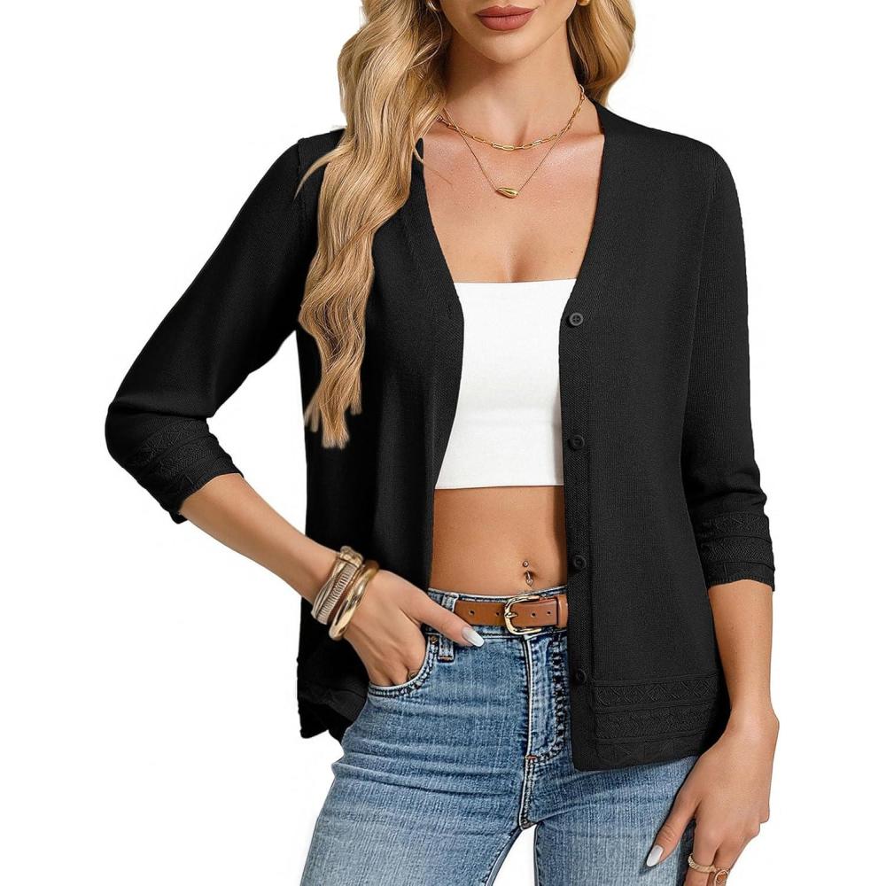 imageGRACE KARIN Cardigans for Women Trendy 34 Sleeve Lightweight Cardigan Spring Button Down Sweater Tops 2026Black