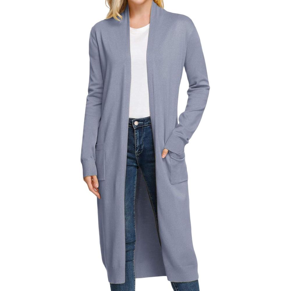 imageGRACE KARIN Essential Solid Open Front Maxi Long Knitted Cardigan Sweater for WomenGrey Blue