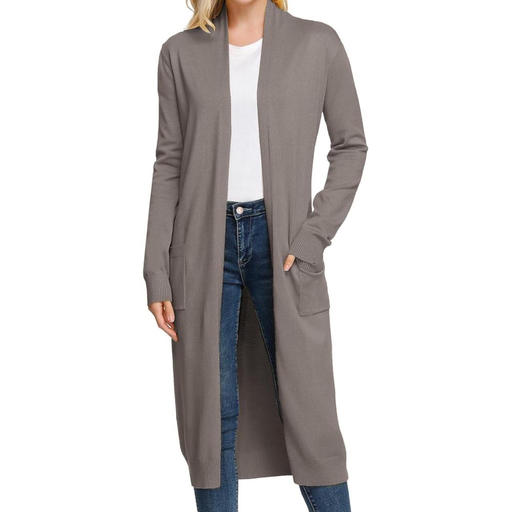 imageGRACE KARIN Essential Solid Open Front Maxi Long Knitted Cardigan Sweater for WomenGrey Khaki