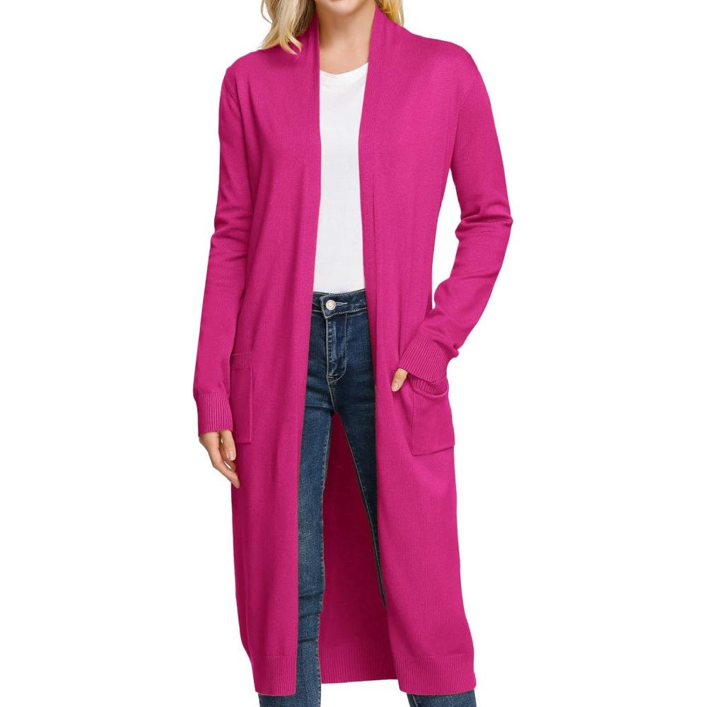 imageGRACE KARIN Essential Solid Open Front Maxi Long Knitted Cardigan Sweater for WomenHot Pink