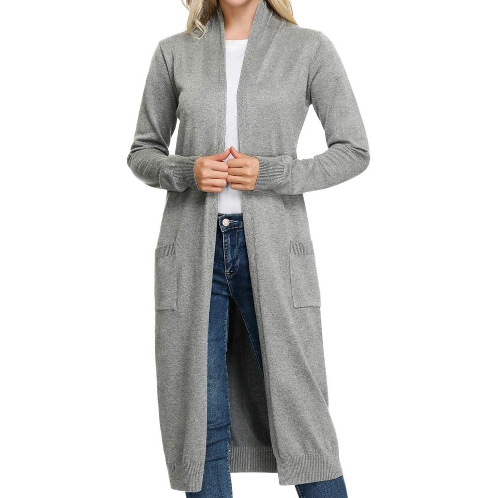 imageGRACE KARIN Essential Solid Open Front Maxi Long Knitted Cardigan Sweater for WomenLight Gray