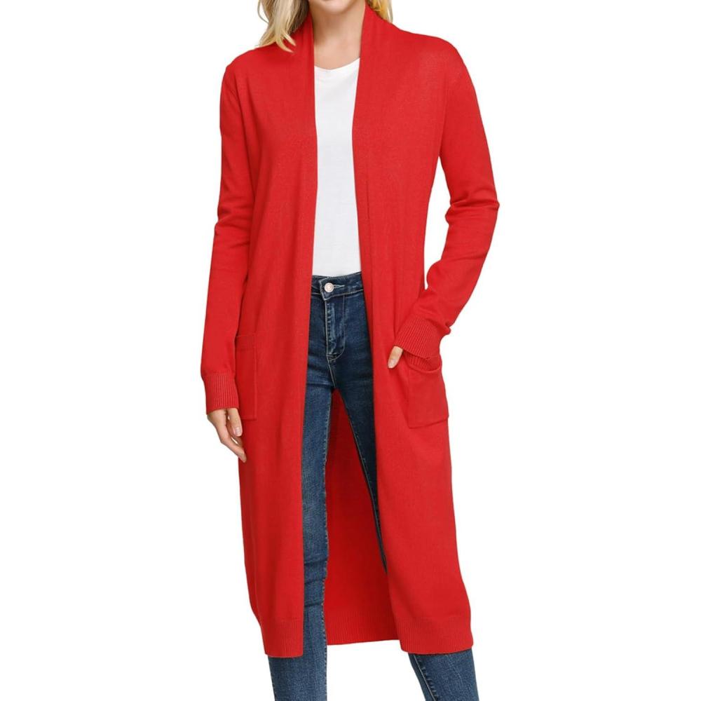 imageGRACE KARIN Essential Solid Open Front Maxi Long Knitted Cardigan Sweater for WomenRed
