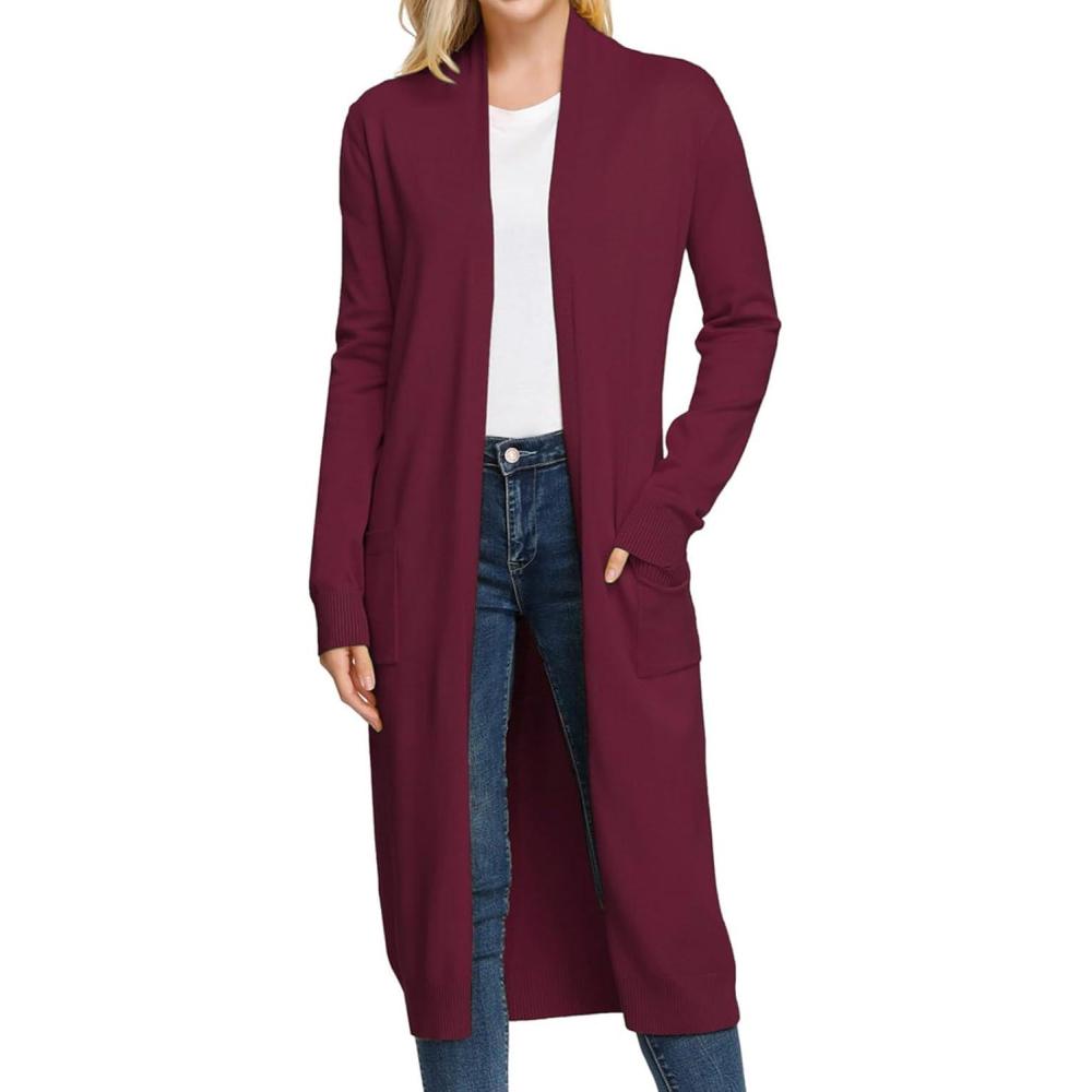 imageGRACE KARIN Essential Solid Open Front Maxi Long Knitted Cardigan Sweater for WomenWine