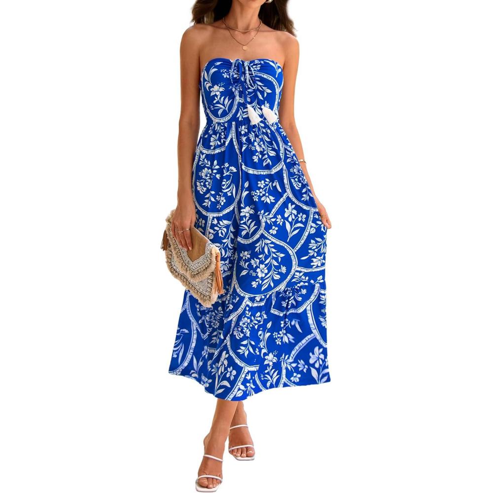 imageGRACE KARIN Strapless Floral Maxi DressSummer Casual Tube Top Boho DressesBeach Smocked Flowy Dress with PocketsBlue and White Floral