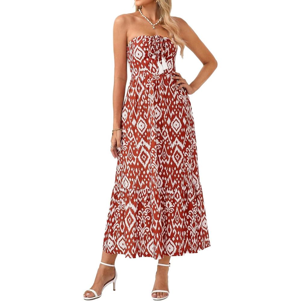 imageGRACE KARIN Strapless Floral Maxi DressSummer Casual Tube Top Boho DressesBeach Smocked Flowy Dress with PocketsRed and White Floral
