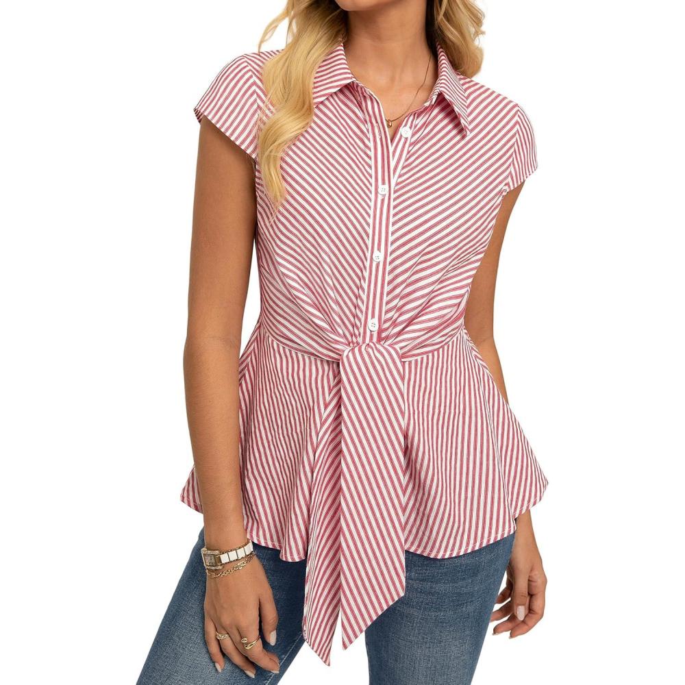 imageGRACE KARIN Striped Button Down Shirts WomenShort Sleeve Peplum Tops Business CasualTie Front Work Cotton Blouses SummerRed