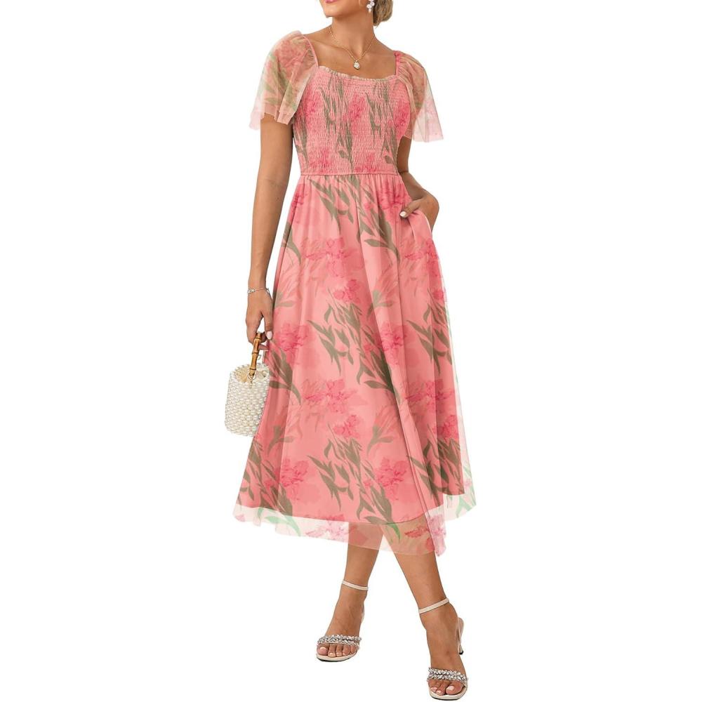 imageGRACE KARIN Summer Floral Maxi Dress for WomenV Neck Formal DressShort Sleeve Wedding Guest DressesFloral Orange Pink