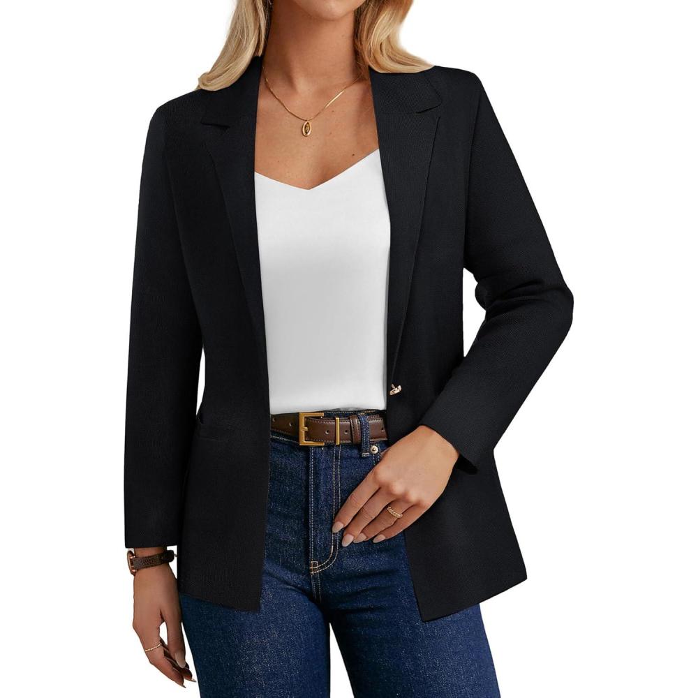 imageGRACE KARIN Sweater Blazers for Women Business Casual Long Sleeve Open Front Work Office Cardigan Suit Jackets with PocketsBlack