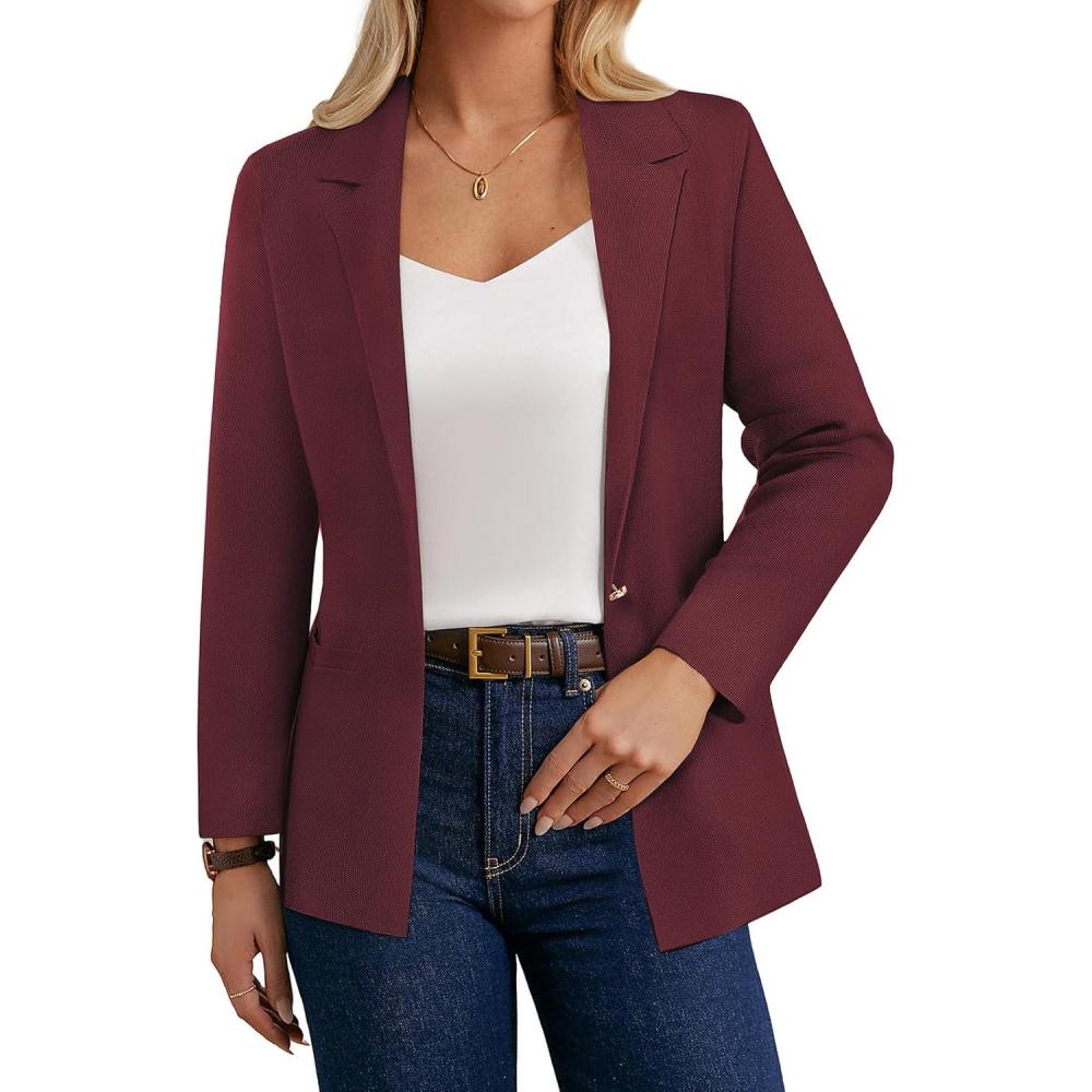 imageGRACE KARIN Sweater Blazers for Women Business Casual Long Sleeve Open Front Work Office Cardigan Suit Jackets with PocketsBurgundy