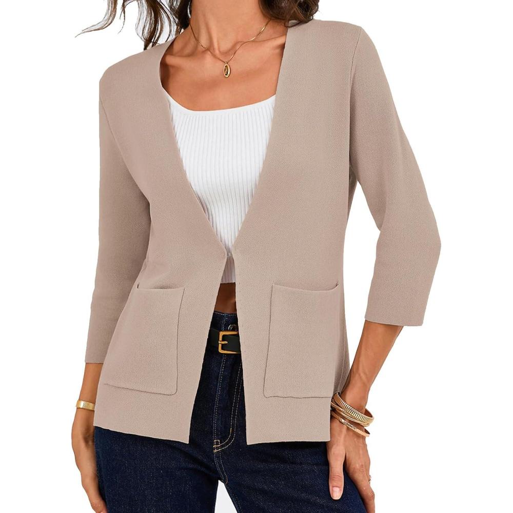 imageGRACE KARIN Women 34 Sleeve Sweater Blazer Lightweight Open Front Cardigan Knit Jackets Business Casual with PocketsKhaki