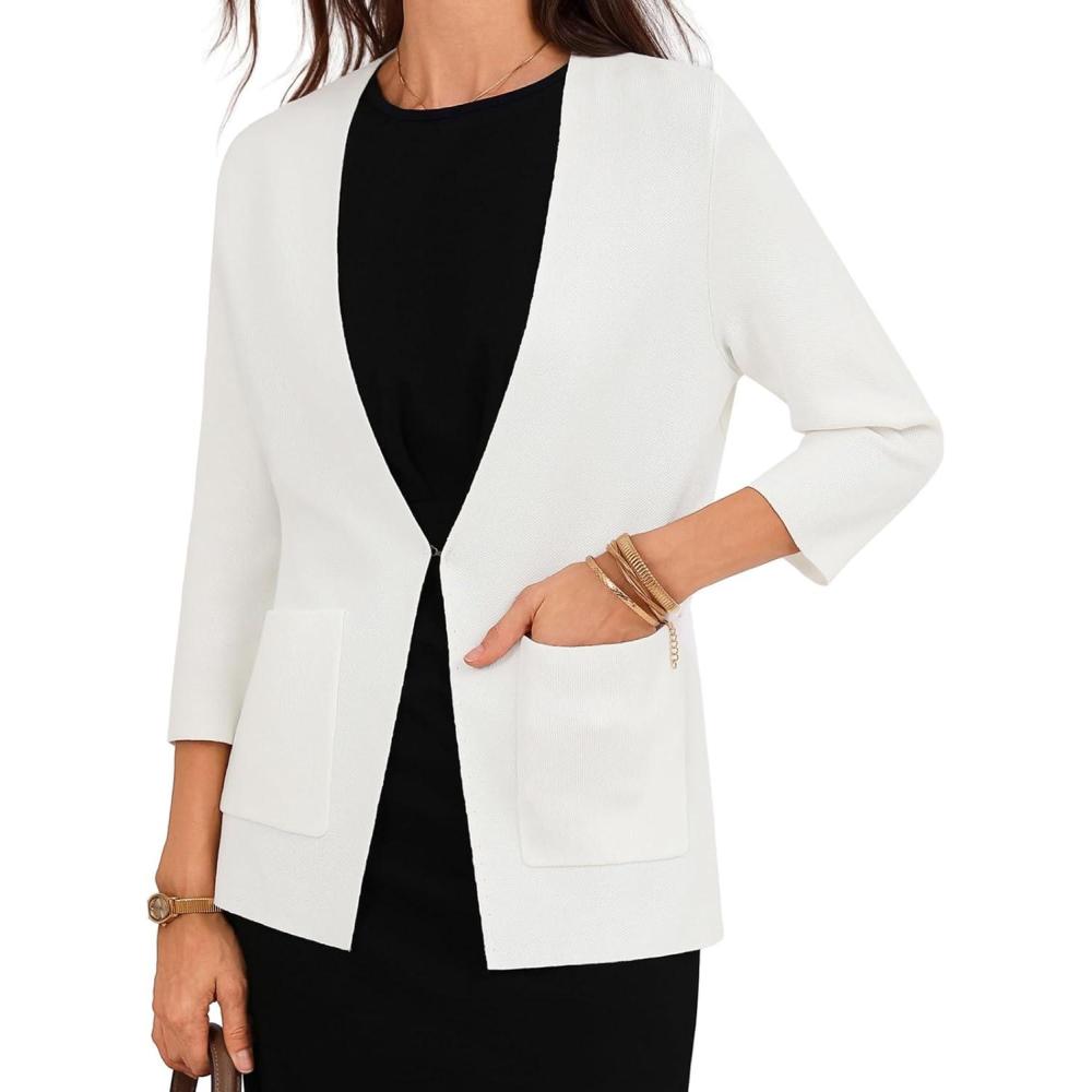 imageGRACE KARIN Women 34 Sleeve Sweater Blazer Lightweight Open Front Cardigan Knit Jackets Business Casual with PocketsWhite