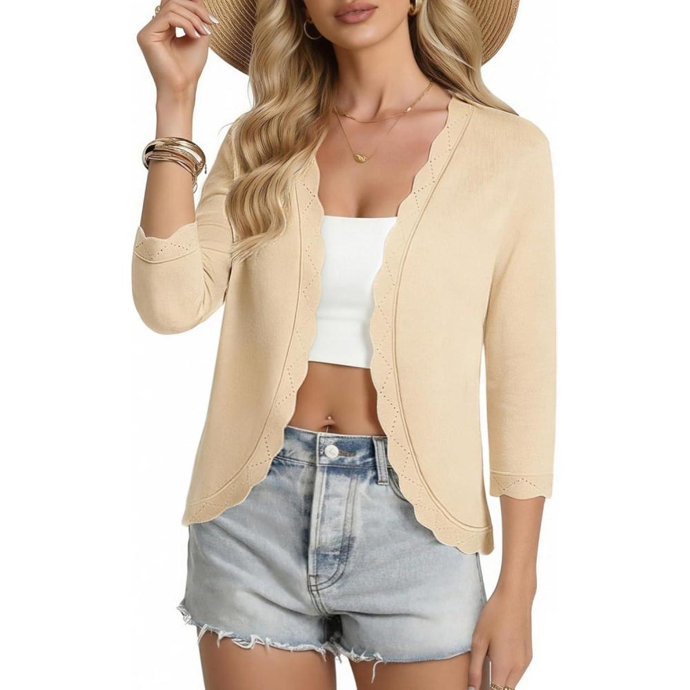 imageGRACE KARIN Women Lightweight Summer Cardigans 34 Sleeve Cropped Cardigan Sweaters Open Front Bolero ShrugApricot