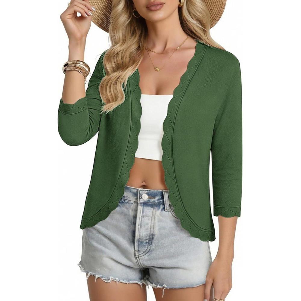 imageGRACE KARIN Women Lightweight Summer Cardigans 34 Sleeve Cropped Cardigan Sweaters Open Front Bolero ShrugArmy Green