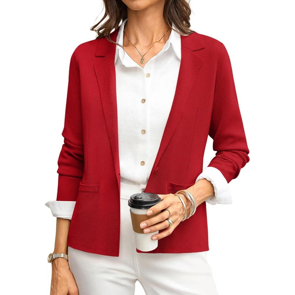 imageGRACE KARIN Women Sweater Blazer Business Casual 2026 Knit Suit Jackets Long Sleeve Lightweight Cardigan Work OfficeRed