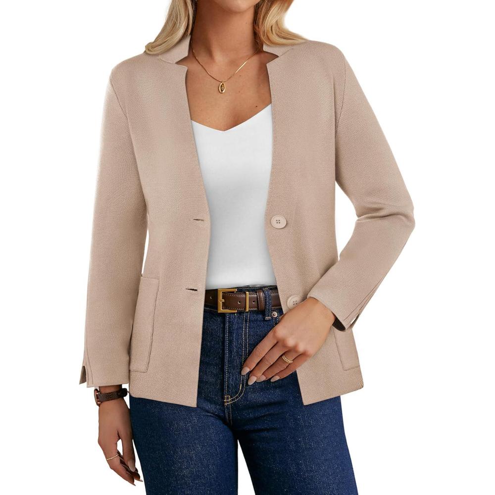 imageGRACE KARIN Women Sweater Blazer Business Casual Knit Cardigan 2026 Long Sleeve Suit Jackets Work Blazers with PocketsKhaki