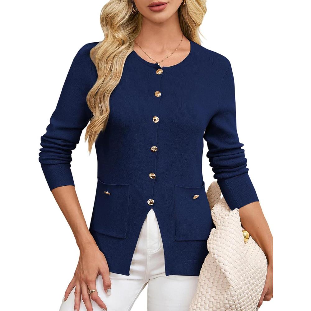 imageGRACE KARIN Women Sweater Blazers Business Casual Long Sleeve Fitted Cardigan Sweaters Button Up Knitted Cardigan BlazerNavy Blue