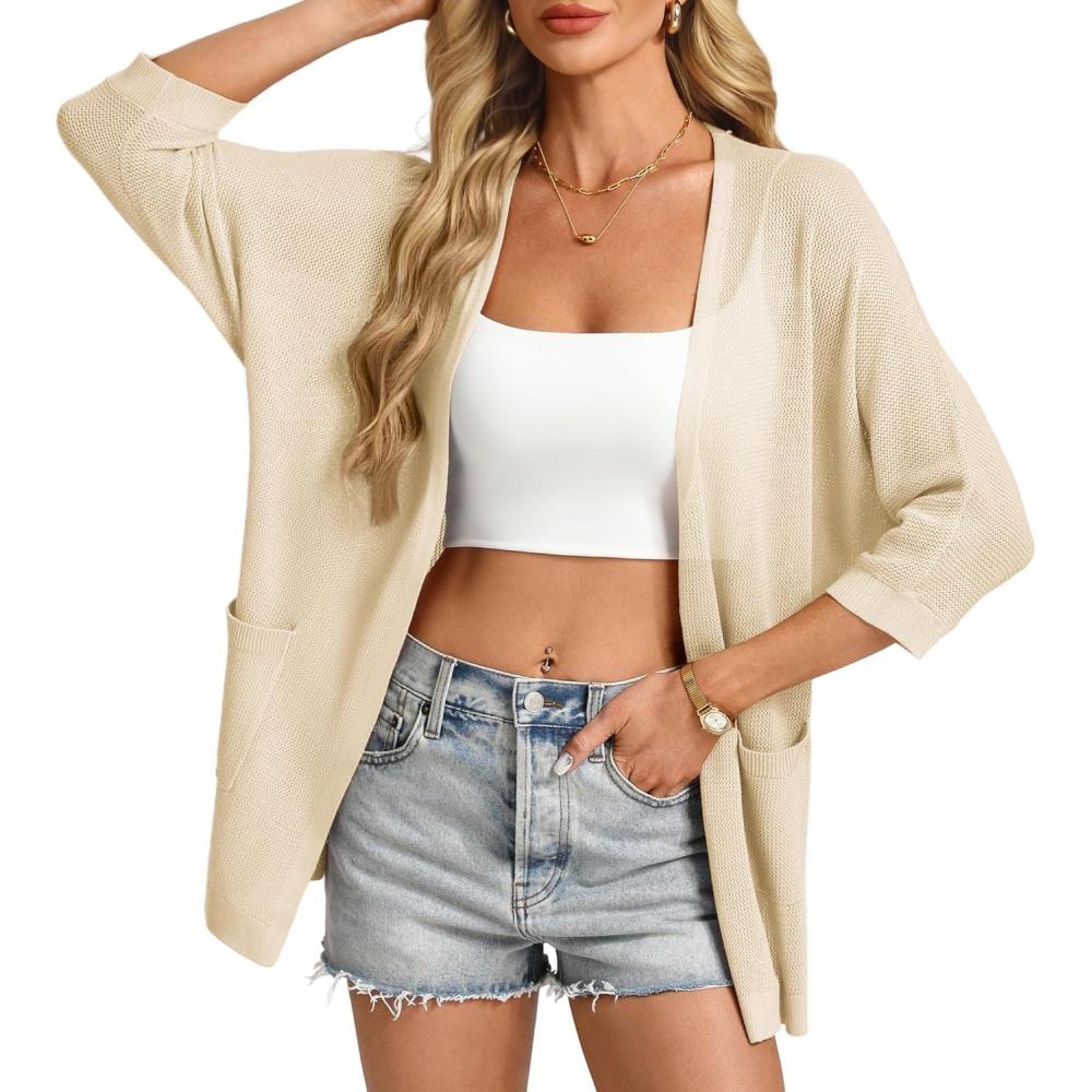 imageGRACE KARIN Womens 2026 Summer Lightweight Cardigans 34 Sleeve Crochet Kimonos Open Front Beach Cover Ups with PocketsApricot