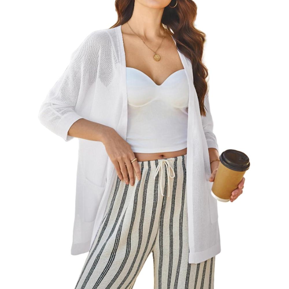 imageGRACE KARIN Womens 2026 Summer Lightweight Cardigans 34 Sleeve Crochet Kimonos Open Front Beach Cover Ups with PocketsWhite