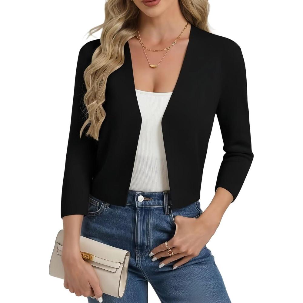 imageGRACE KARIN Womens 34 Sleeve Cropped Cardigan Sweater Lightweight Open Front Dressy Causal Shrug Spring FashionBlack