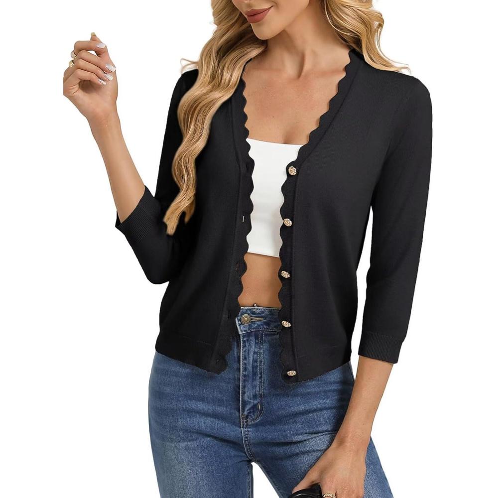 imageGRACE KARIN Womens 34 Sleeve V Neck Button Down Lightweight Cardigan Sweater Open Front Dressy Shrugs Spring FashionBlack