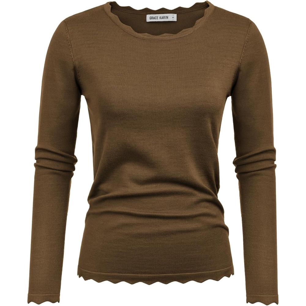 imageGRACE KARIN Womens High Stretchy Long Sleeve Pullover Sweater Blouse TopBrown