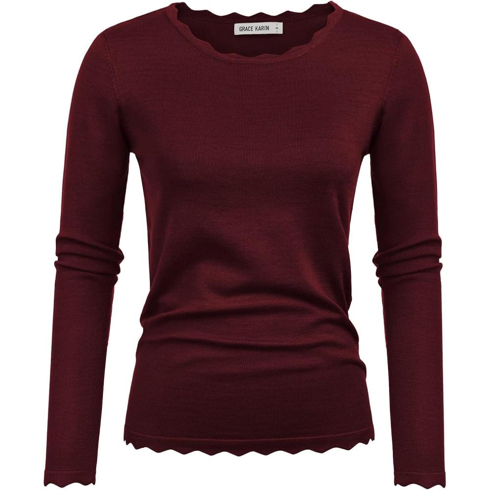 imageGRACE KARIN Womens High Stretchy Long Sleeve Pullover Sweater Blouse TopDark Wine